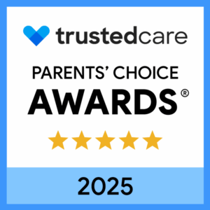TrustedCare Parents’ Choice Awards 2025 badge with five gold stars and a blue heart logo at the top.
